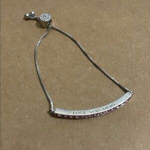 “Love you more” engraved Sterling Silver and Pink Crystal Bracelet! Adjustable!